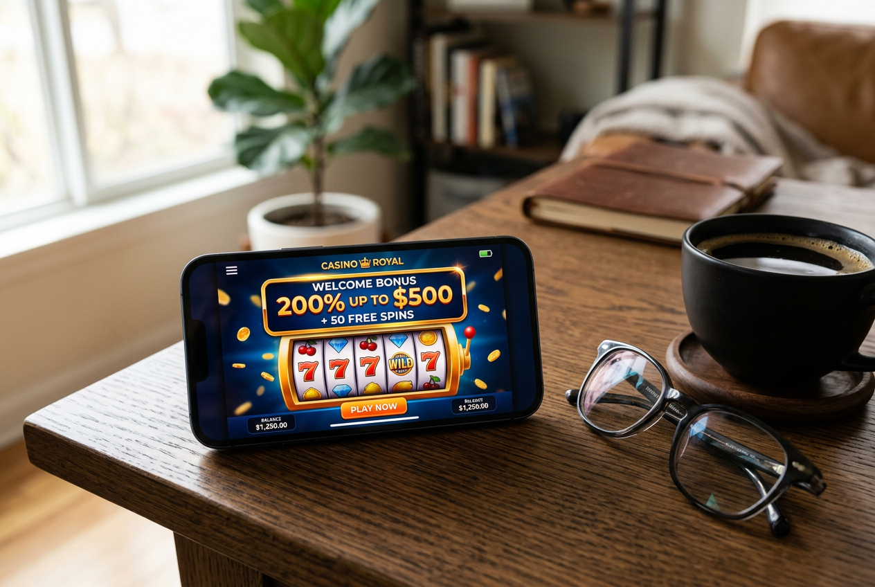 A smartphone displaying a vibrant online casino interface next to a pair of glasses on a wooden table.